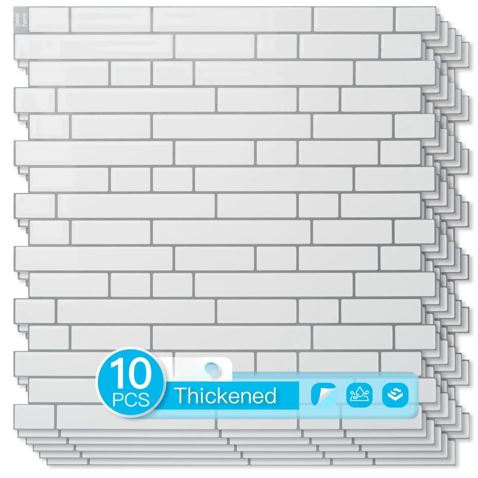 10-sheet Heavy-duty Peel And Stick Backsplash  Waterproof Wall Tiles On Kitchen Living Space White With Gray Grout
