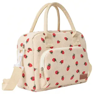 Lunch Box for Women, Cute Strawberry Corduroy Insulated Lunch Bag Women Reusable Work Leakproof Simple Adults Large Lunch Boxes Tote Bag Men Cooler Bag