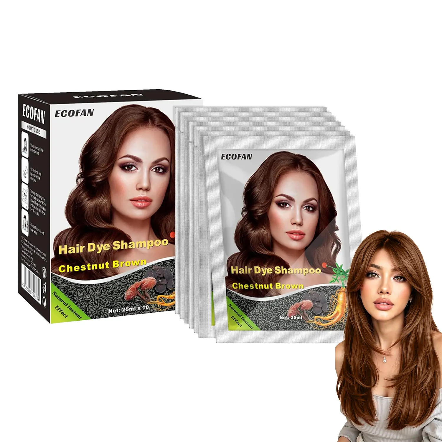 Hair Dye Shampoo 3 in 1 - Chestnut Brown Color Shampoo for Gray Coverage - Fast Acting Hair Dye for Women & Men - Ginseng Extract - 10-Pack x 25ml