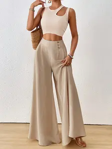 Women's High Waist Casual Comfortable Wide Leg Long Pants, Fitted Style Woven Fabric, All Season Wear, Versatile Plain Color Minimalist Design