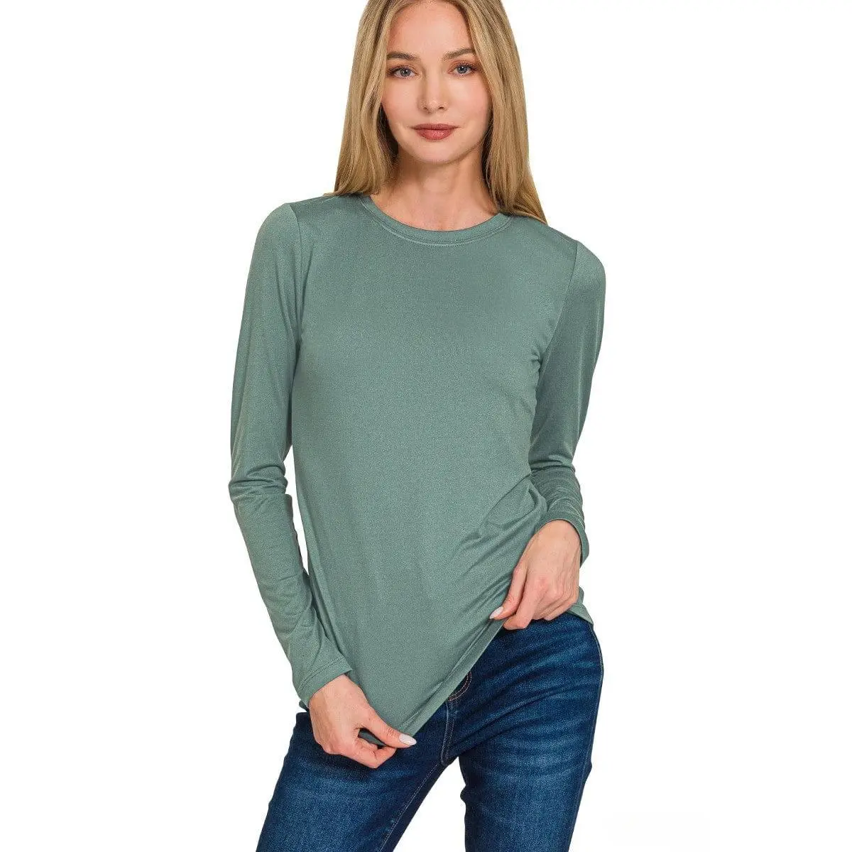 Zenana Brushed Microfiber Simple Long Sleeve Round Neck Tee, Basic, Everyday