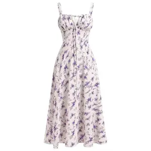 WomenFloralCorsetDressSpaghettiStrapsSquareNeckCasualWaistSplitCasualBeachDresses,MilkmaidDress,WomenswearComfort