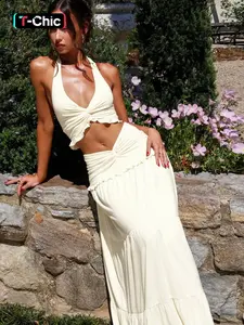 Women's Solid Color Plunge Neck Crop Top & Ruched Skirt Two-piece Set, Sleeveless Halter Neck Top & Bodycon Skirt, Ladies Summer Clothes for Party and Holiday, Womenswear