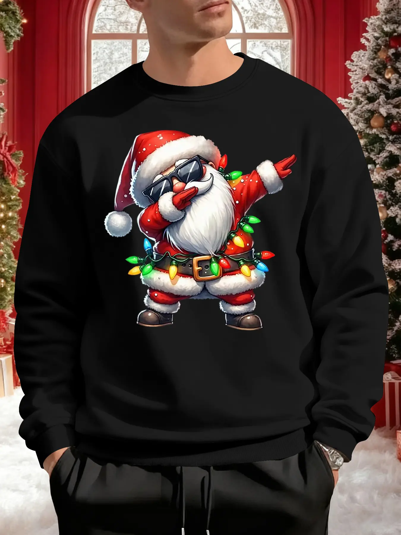 Men's Fashion Santa Claus Pattern Round Neck Sweatshirt, Holiday Fun Winter Clothing, Unique Design for Christmas Party and Family Gathering