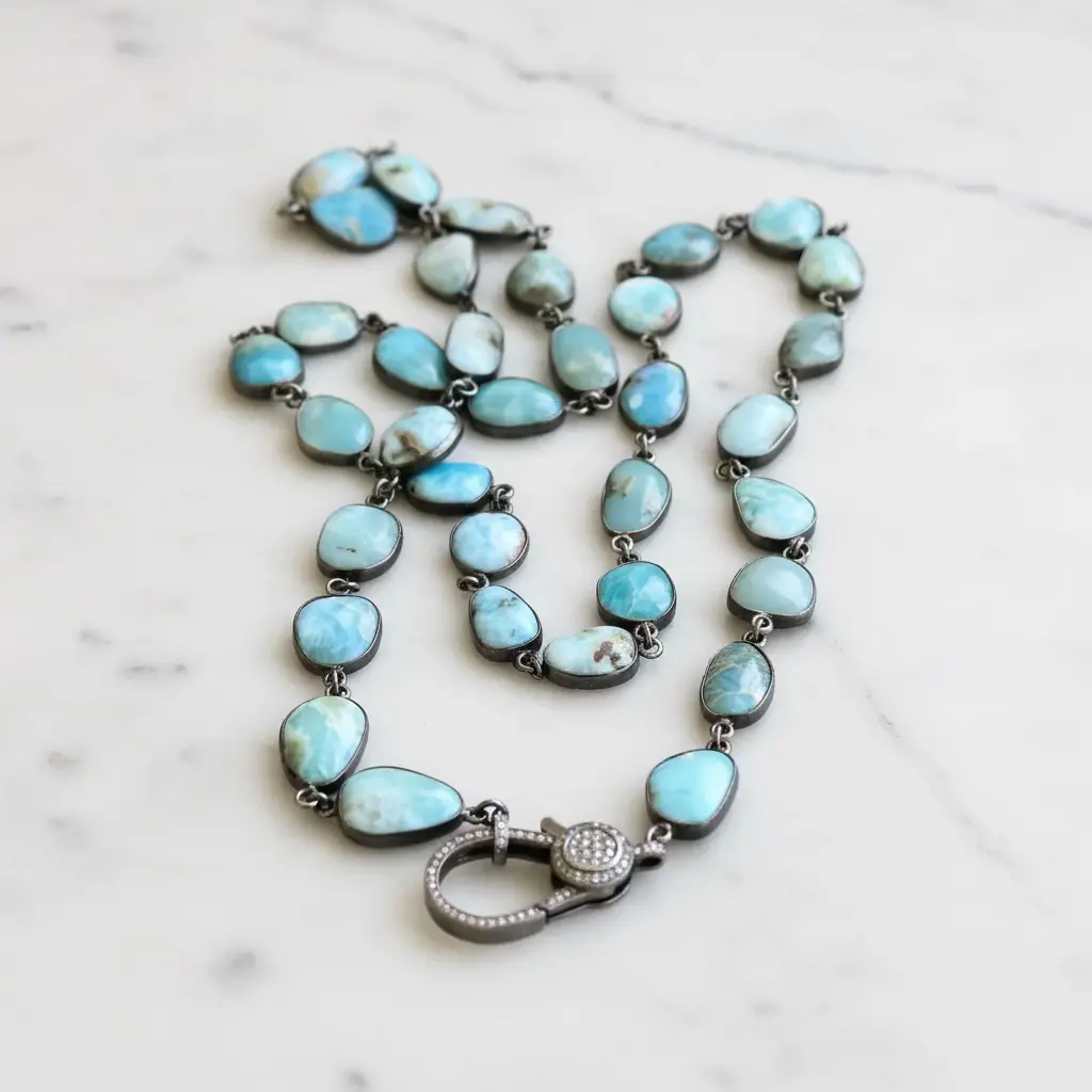 Larimar Bezel Necklace with Pave Diamond Lobster Claw Clasp