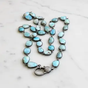 Larimar Bezel Necklace with Pave Diamond Lobster Claw Clasp
