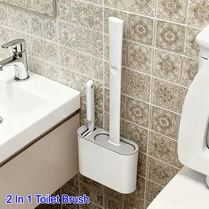 2 in 1 Toilet Brush Set, 1 Set Wall Mounted Toilet Brush with Holder, Silicone Soft Toilet Brush Head, Long-handled Toilet Brush, Multi-functional Household Brush, Bathroom Cleaning Tool, Toilet Scrubber Brush