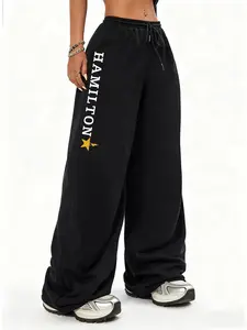 Black Oversized Wide-Leg Hamilton Star Print Joggers - Drawstring Waist Casual Sweatpants