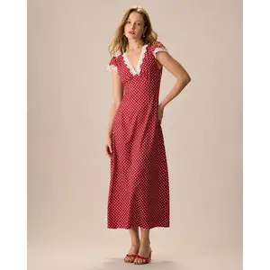 The Red V Neck Polka Dot Lace Ruched Maxi Dress