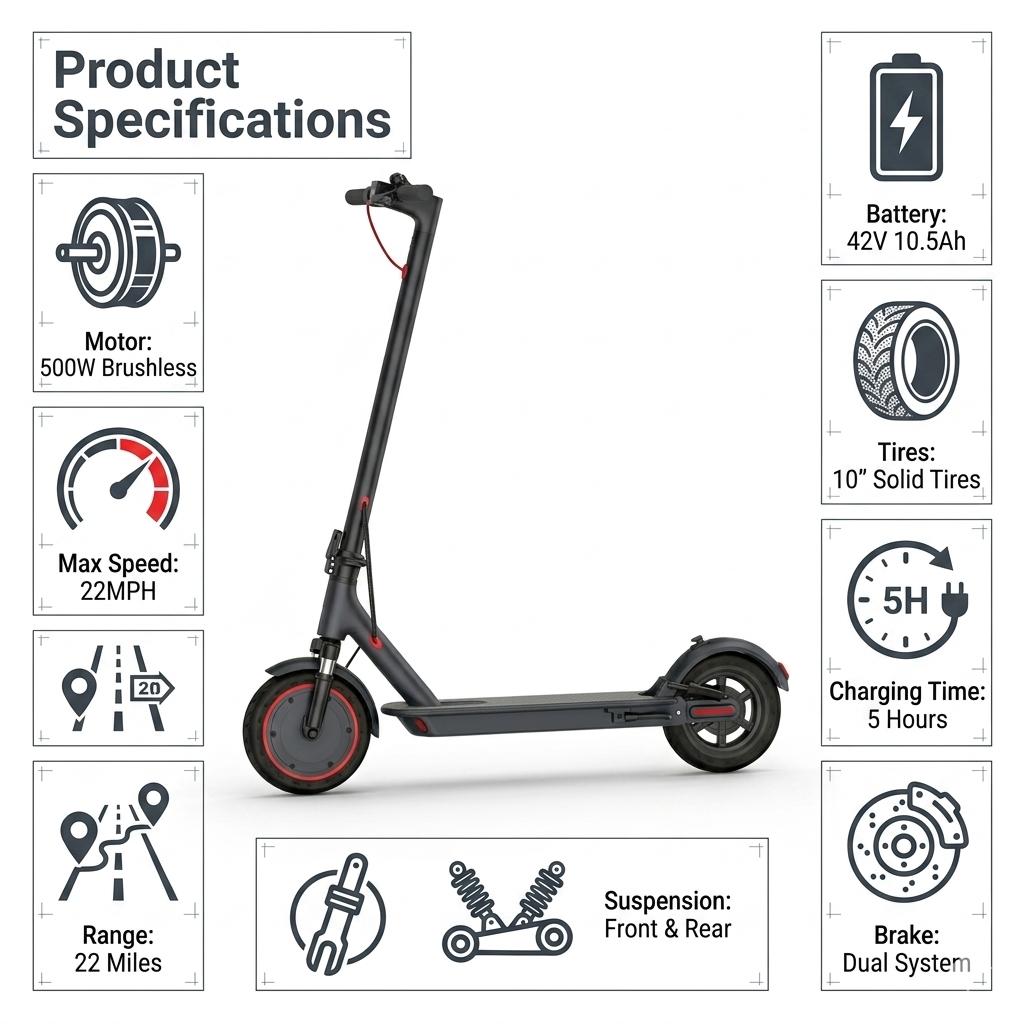 500W Powerful Electric Scooter,22MPH Speed,22 Miles Range,Dual Suspension,Double Brake,10" Smart Electric Scooter,Daily Commute