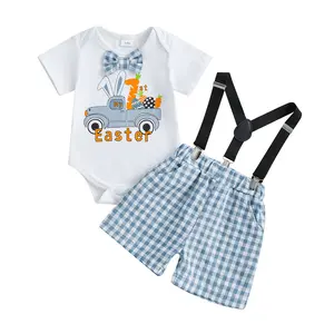Canrulo Infant Baby Boy My 1st Easter Outfit Gentleman Short Sleeve Romper Suspender Shorts 2Pcs Suit Clothes Set
