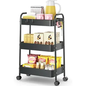 3 Tier Rolling Storage Cart, Metal Utility Cart with Hooks Trolley  Wheels Storage Organizer Serving Cart Mobile Craft Cart for Office, Bathroom, Kitchen, ' Room, Classroom Black