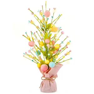 17 Inch Easter Egg Tree Tabletop Decorations with LED Light, Easter Eggs Table Tree with Burlap Base Decorative, Vivid Artificial Leaves Tree Table Decor for Home Holiday Party Spring Summer Gift
