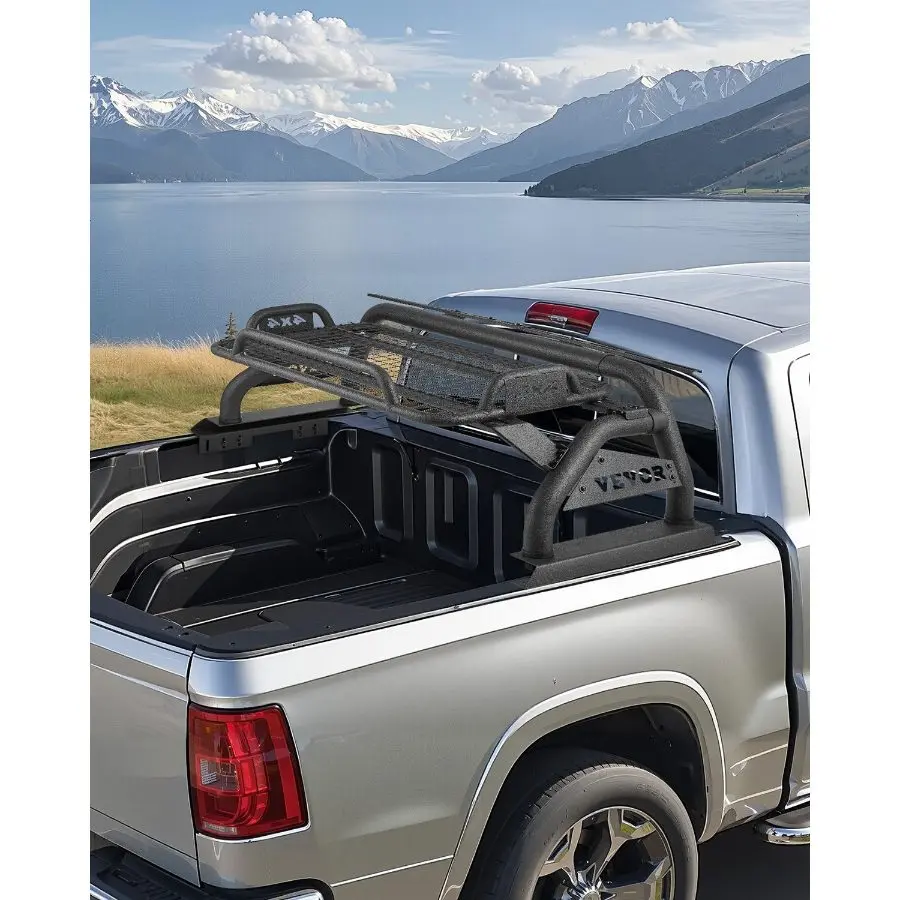 VEVOR Universal Fit Truck Bed Roll Bar, Adjustable Sport Bar Chase Rack, Carbon Steel Construction with Luggage Rack, Extension Light Bracket, Rust Coating for Full-Size Pickups