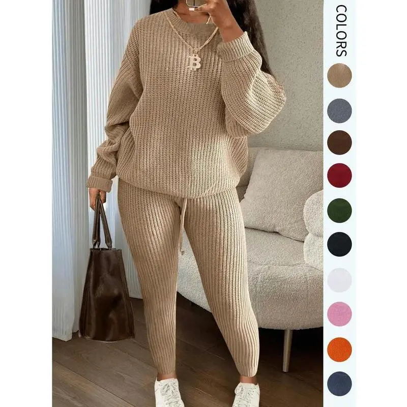Women's Elegant 2-Piece Acrylic Solid Stretch Sweater & Pants Set - Long Sleeve, Drop Shoulder, Round Neck, Drawstring Waist, Loose-Fitting Casual Knitwear for Fall Winter Daily Outdoors, XXL, Cold Wash Compatible
