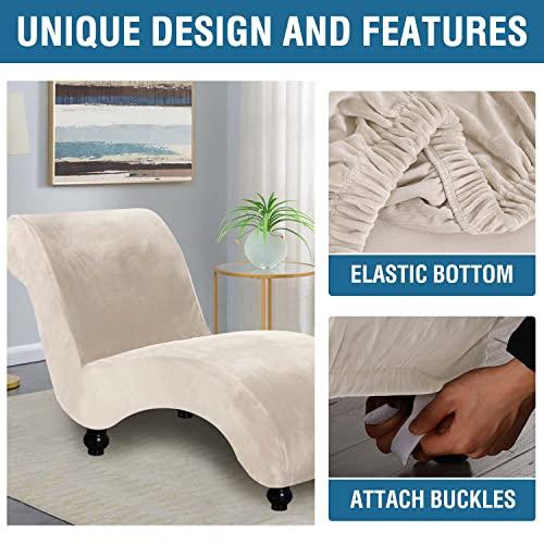 Chaise Lounge Cover Velvet Chaise Lounge Couch Cover High Stretch Chaise Lounge Slipcover Luxury Lounge Chair Cover for Living Room Soft Furniture Protector for Dog, Machine Washable, Ivory