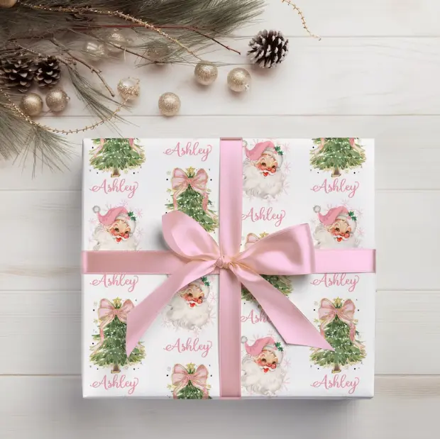 Vintage Pink Santa Personalized Christmas Wrapping Paper Personalized Gift Wrapping Paper Custom Gift wrap With Name, Coquette aesthetic H02