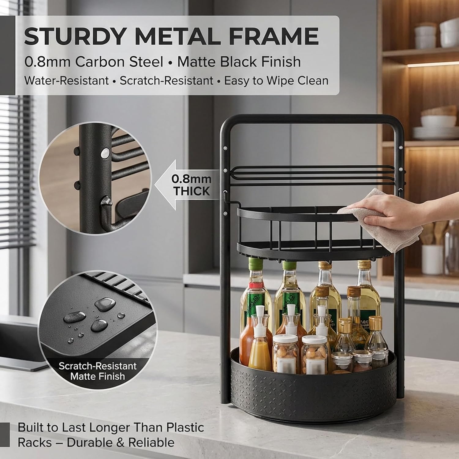 2-Tier Metal Lazy Susan Turntable - 360-Degree Rotatable Kitchen Organizer with Paper Towel Holder, Spice Jar, Condiment & Dish Drying Storage Rack for Countertops/Cabinets,space-saving organize,countertop storage