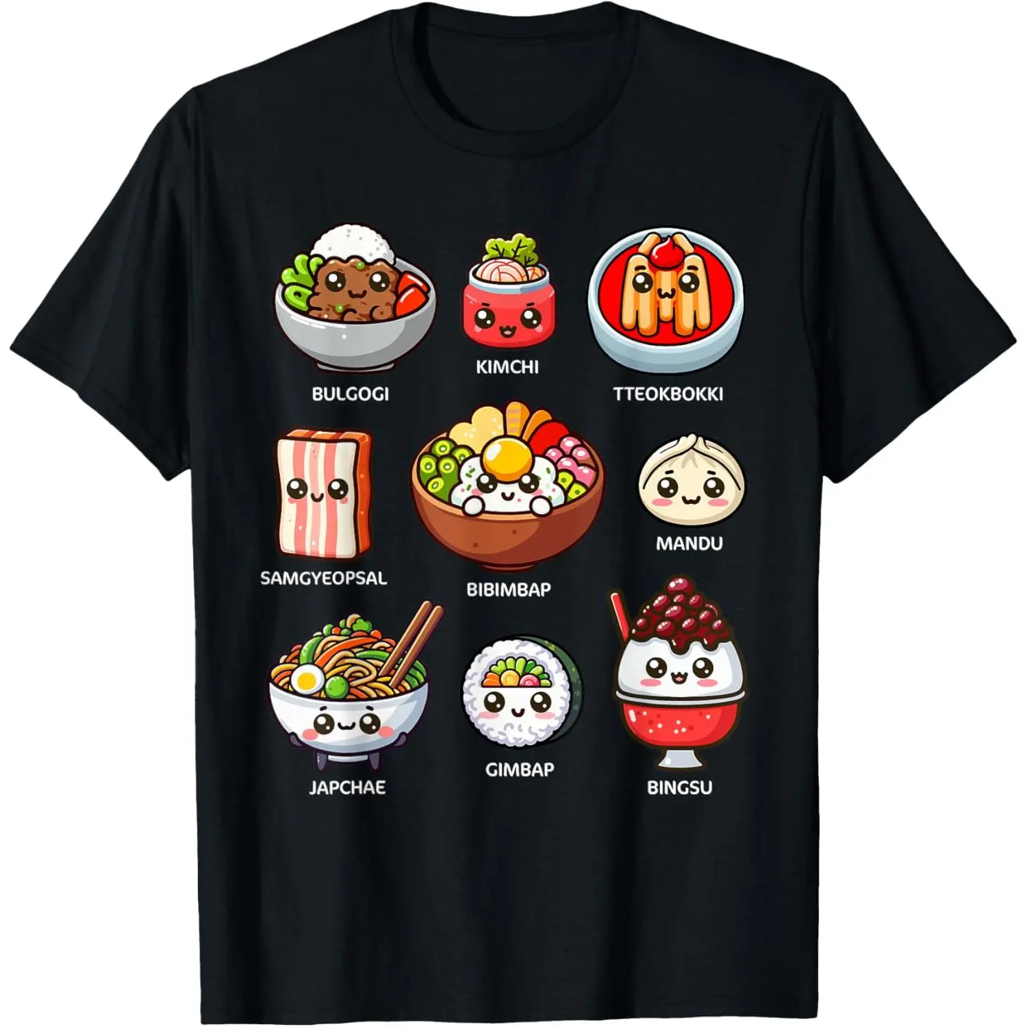 Women's Graphic T-Shirt with Kawaii Korean Food Design, Casual Short Sleeve Cotton Round Neck Top for Bulgogi Bibimbap Lovers, Shortsleeve