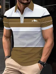 Men's Summer Polo Shirt, Striped Polo Neck, 100% Polyester Striped Casual Top, Geometric Design, Short Sleeve, Fitted, All Seasons, Menswear, Fashionable & Comfortable