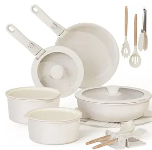 20 Piece Pots and Pans Set Non Stick, Cookware Set with Detachable Handle, Oven Safe, Induction Ready, Stackable RV Kitchen Cooking Set Removable Handles, Cream White