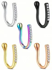 5pcs U-Shaped Fake Nose Ring Hoop, Clip on Faux Setump Cartilage Tragus Ring, Non Piercing Jewelry, Fashion Accessory for Women