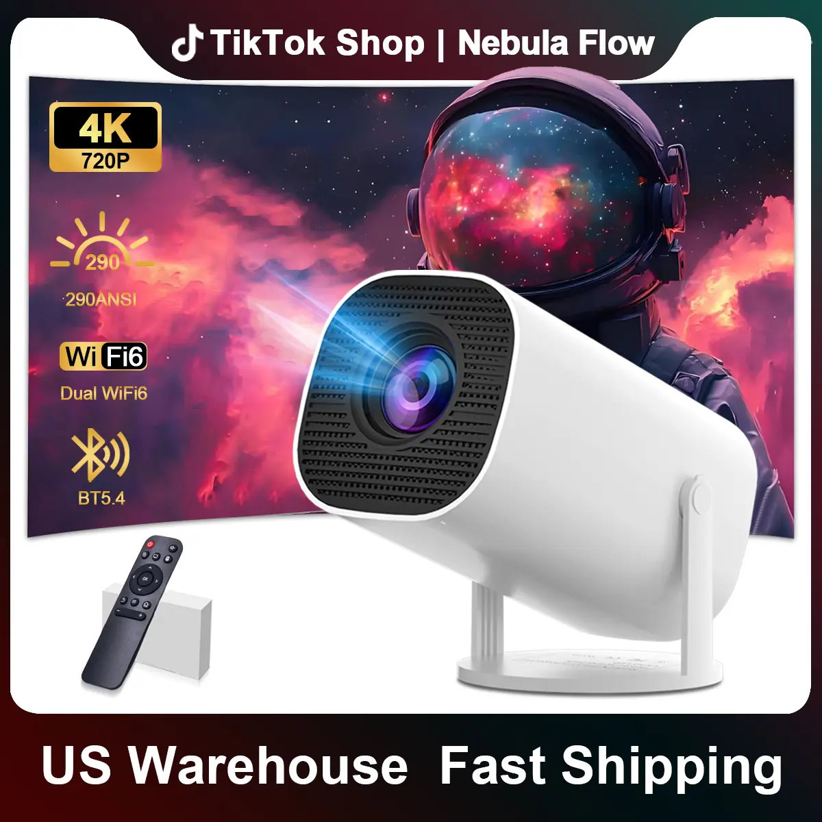 [2026 Picks] Portable WiFi 6 Bluetooth Projector - 720P Full HD, 290 ANSI Lumens, Auto Keystone, Home Use, Compatible with Phone, iOS Device, iPhone Charging Cable, Wired Audio & Gaming #US Warehouse