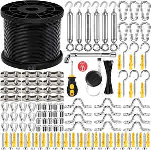 246FT Black Vinyl Coated 304 Stainless Steel Wire Rope  Kit  Heavy Duty Outdoor String Light Hanging Guide Wire with M5 Turnbuckle for Patio, Garden, Christmas Lights