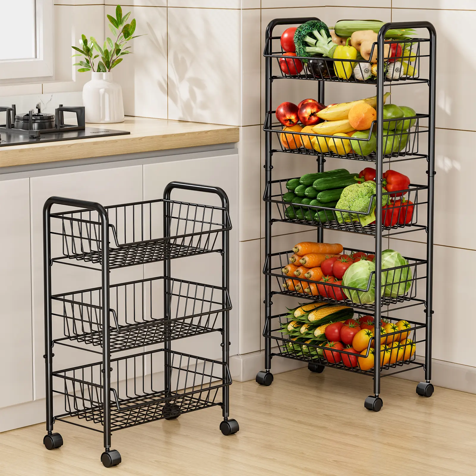 1pc,3/4/5 tier,Kitchen storage car,Storage car with rollers,Large capacity storage rack without punching,Vertical storage rack,Multifunctional metal storage rack,Seasoning rack,Kitchenware rack, snack rack,Suitable for kitchen, bathroom, Cart with wheels