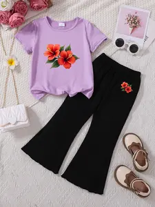 Summer Girls' 2-Piece Set, Hibiscus Print T-Shirt + Bell Pants, Cute Loose-Fitting for Beach Vacation, Daily Wear, Photo Capturing