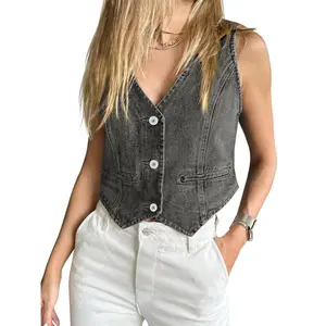 Women's denim vest sleeveless V-neck button denim vest jacket Y2K summer crop topRAIMENTRY
