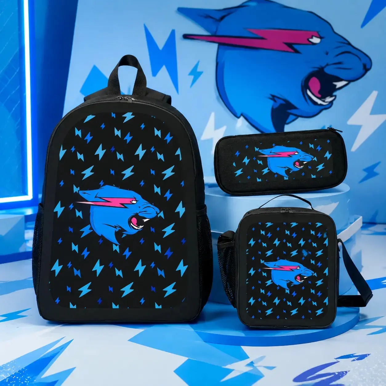 Mr Beast Lightning Cat 3PCS Backpack Set - School Backpack with Crossbody/Shoulder Bag & Pencil Case, Large-Capacity Student Bookbag, Lightweight Travel Daypack, Gift for Teens for Christmas, Holiday, Birthdays Funny Bag Geek Bag