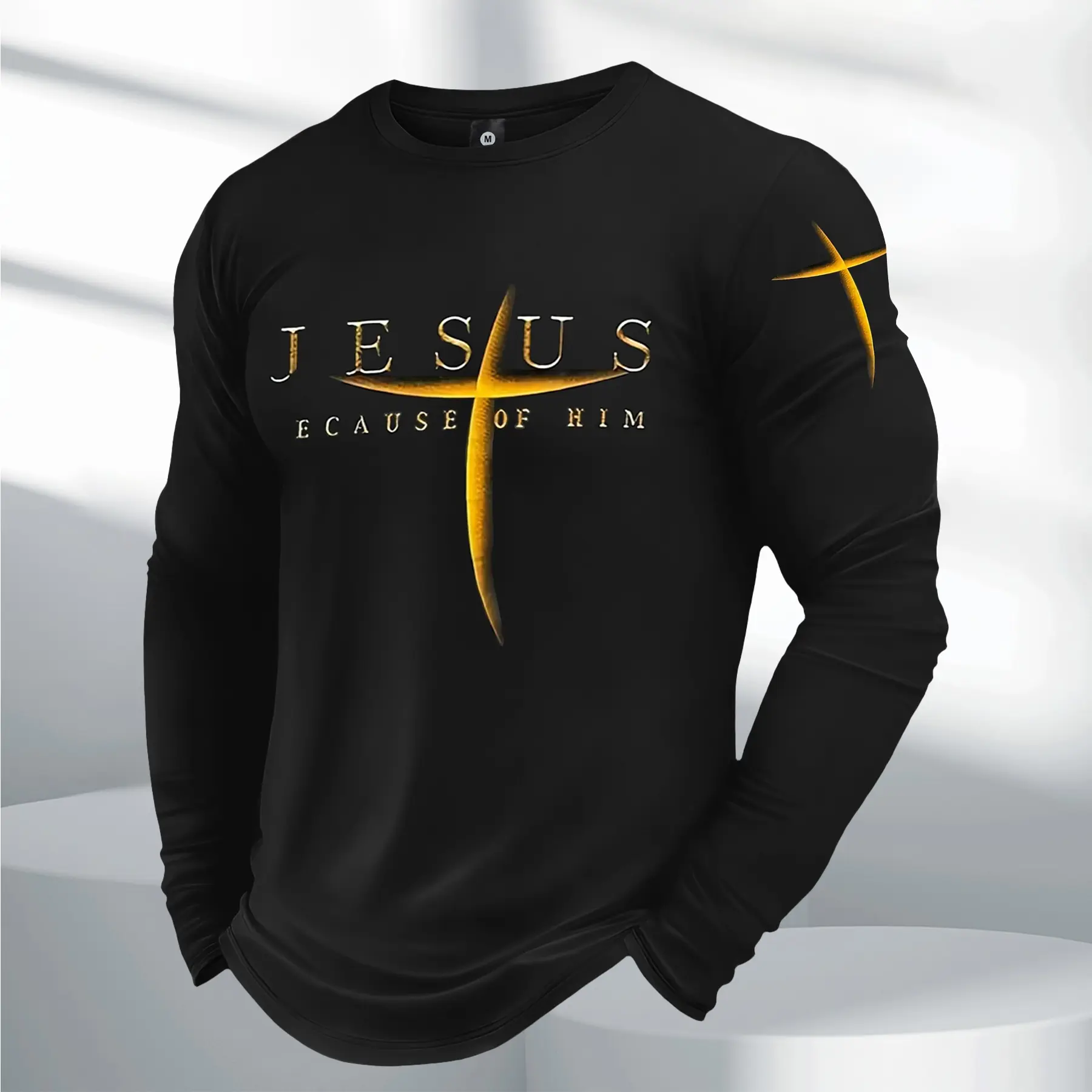 Men's 2026 fashion long-sleeved T-shirt, American street novel cross Jesus letter printing style, suitable for all seasons, sports T-shirt suitable for outdoor sports and sports wear, giving boyfriend's preferred temperament long T