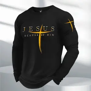 Men's 2026 fashion long-sleeved T-shirt, American street novel cross Jesus letter printing style, suitable for all seasons, sports T-shirt suitable for outdoor sports and sports wear, giving boyfriend's preferred temperament long T