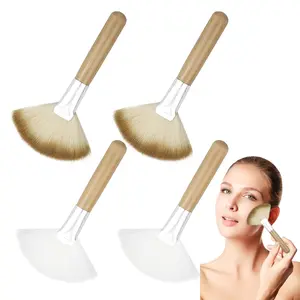 4 Pack Soft Bristle Fan Brushes Long Handle Facial Makeup Tools for Women, For Loose Powder Highlighting Blush, 2 Colors Available