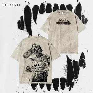 Youth and Adult Denji X Cat Chainsaw Man Anime Unsiex T-Shirt Vintage Unisex Anime Manga Acid Washed Cotton T-shirt