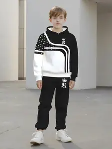 Boys Fashion 3D Printed Casual Sweatshirt Set, Sweatpants, Long Sleeve Sportswear for Ages 5+, Regular Fit, Spring & Fall