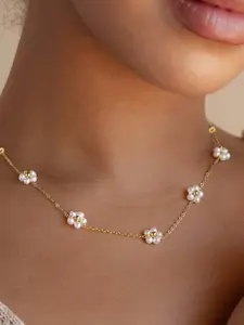 Women's Stainless Steel Handmade Flower Pearl Necklace, Layered Style Daily Accessory Gift, No Box Included, Elegant Necklace