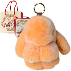 Bunny Keychain with Tin Adorable Soft Bunny Pompom Charm for Girls & Women