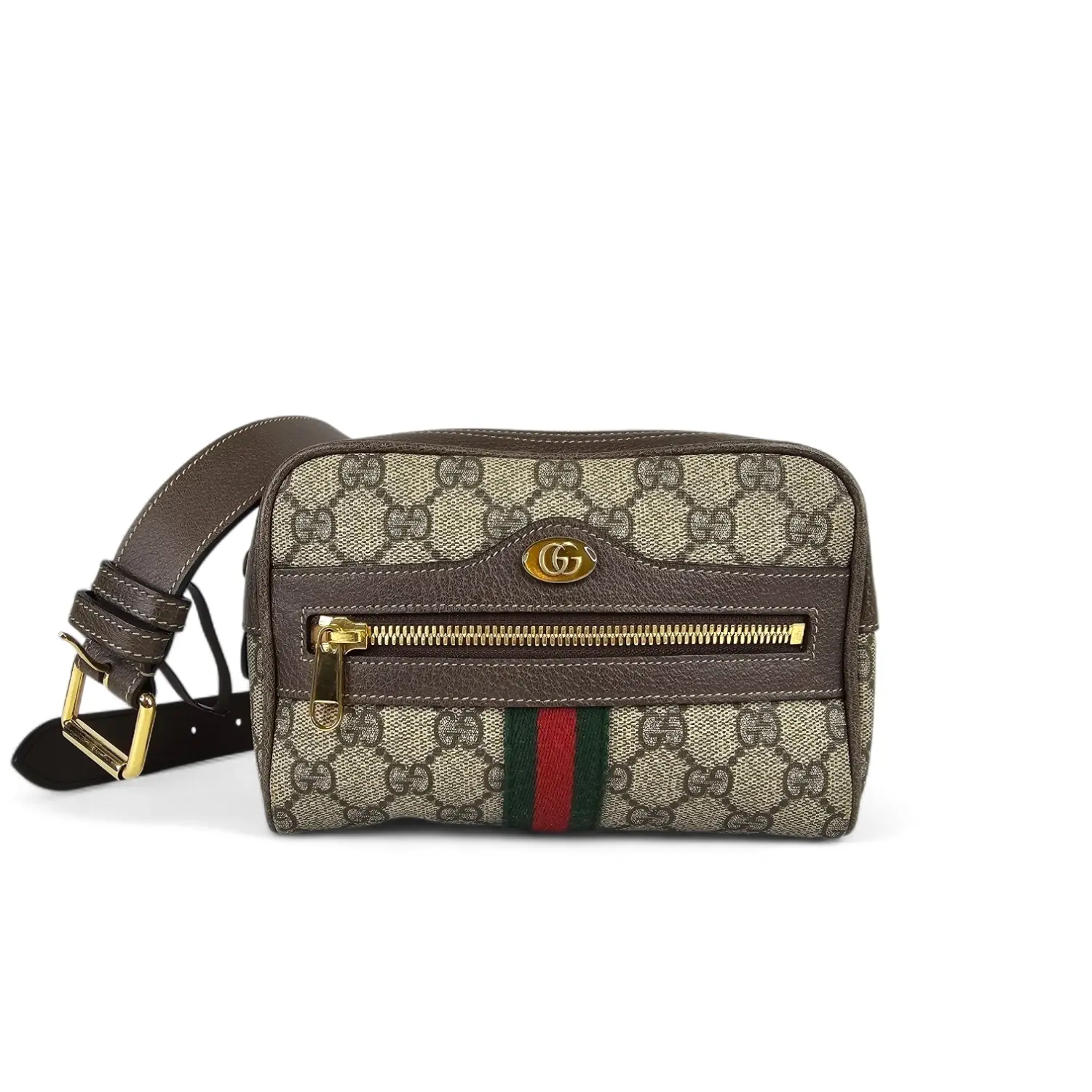 Pre-owned GUCCI GG canvas Belt Bags Supreme Monogram Web Small Ophidia Belt Bag Dark Brown Stripe Red Green