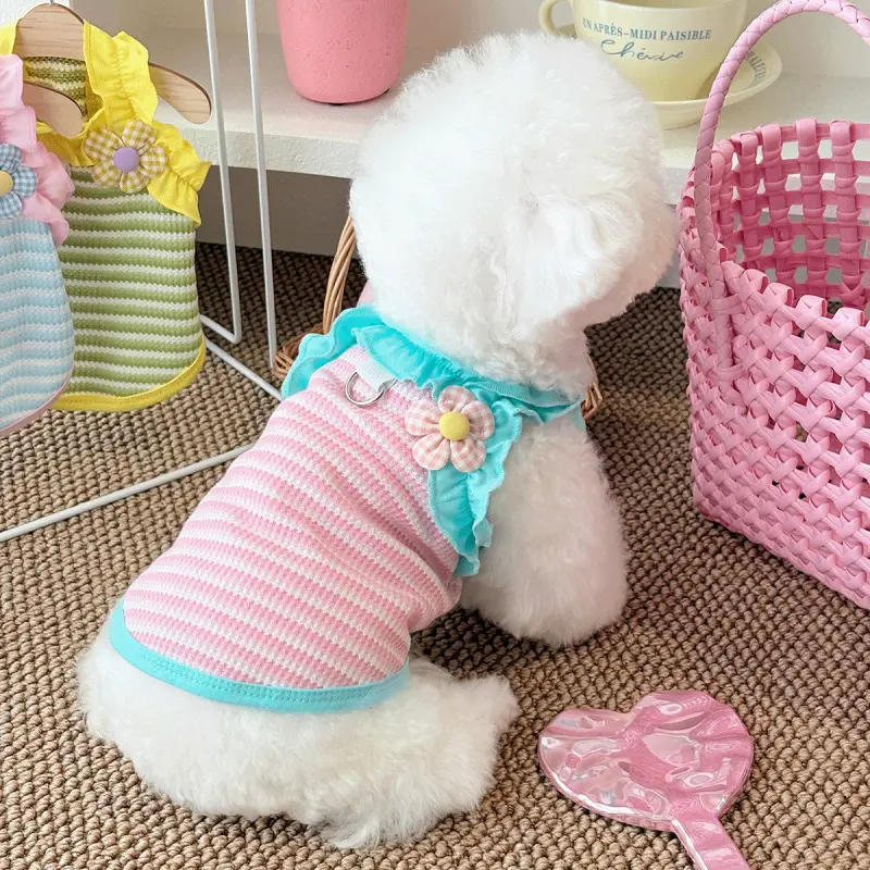 Cute Striped Pet Vest, Breathable Anti-Shedding Dog Cat Tank Top, Spring Summer Lightweight Sleeveless Pet Clothes, Puppy Clothes, Pink Ruffle Flower Decor Harness Shirt for Bichon Teddy Small Dogs, Dachshund Clothes, Daily Walking & Outdoor Pet Outfit