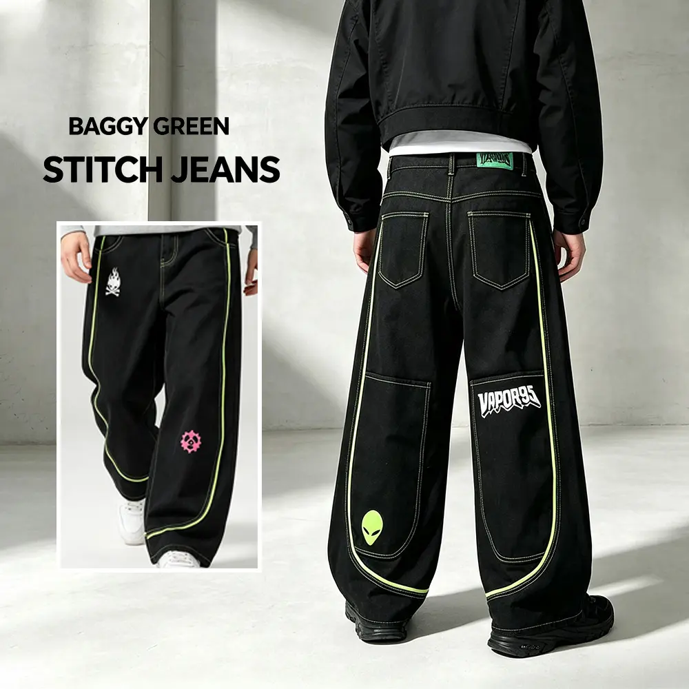 Baggy Hip Hop Jeans for Women Y2K Gothic Jeans Wide Leg Big Pockets Denim Pants Vintage Detailed Stitching Streetwear