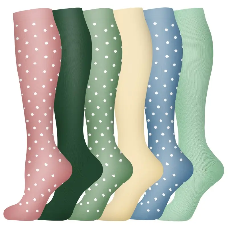 MhzyCaus 6 Pairs Calf Compression Socks for Women & Men – On-Point Patterned & Dots Socks, Cozy Breathable Calf-Length Fashion Compression Socks, Moisture-Wicking Support for Gym, Running, Travel & Daily Wear Womenswear Aesthetics