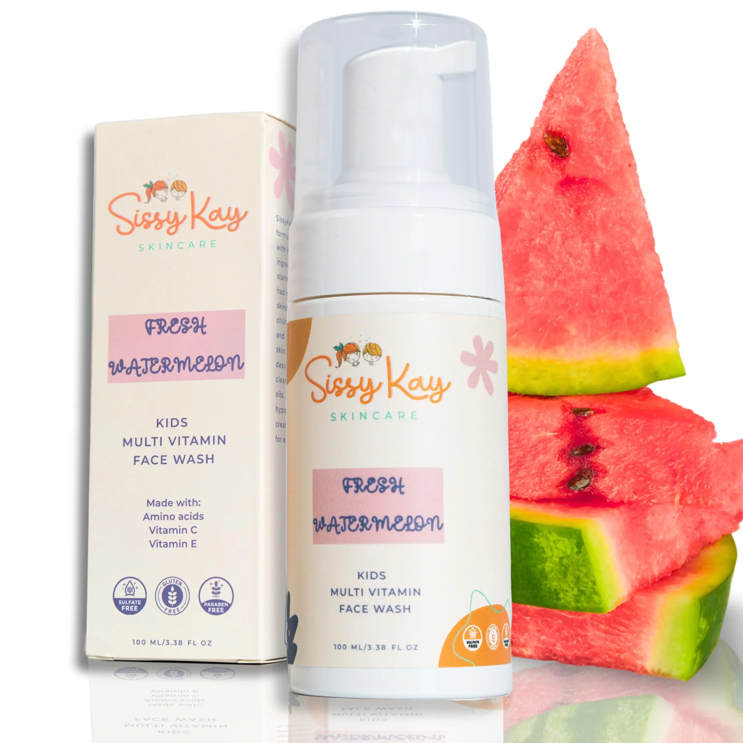 Sissy Kay Kids Face Wash - Cleansing Foaming Face Wash For Kids - Daily Gentle Skin Care - Natural Facial Cleanser With Vitamin C & Vitamin E - For Girls and Boys - Tear Free - Organic - Sensitive Skin - Watermelon - 100 ml