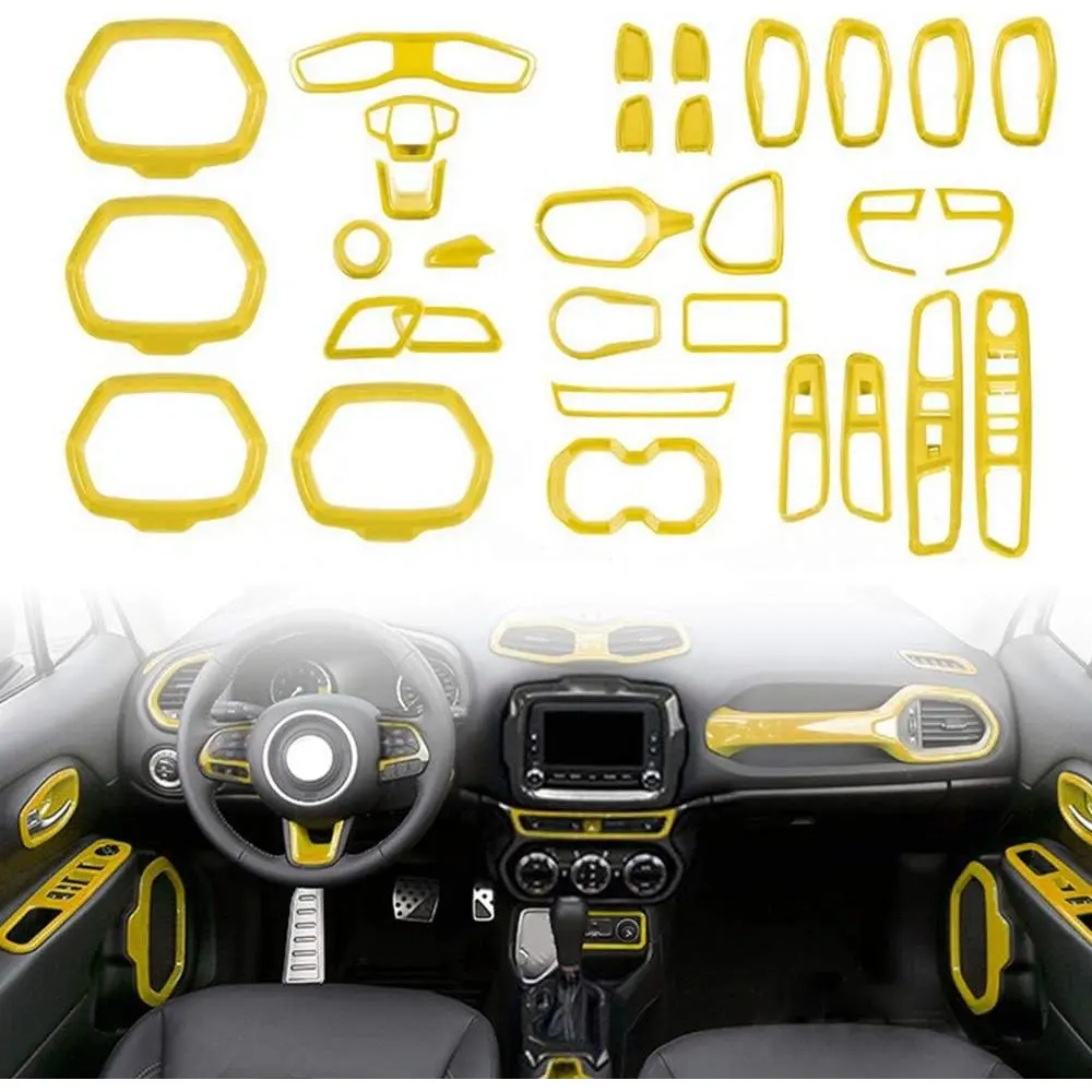 Peel-and-Stick Yellow 31PCS Custom Fit Car Interior Trim Kit - Automotive Moldings for Jeep Renegade 2015-2018, Includes Center Console Handbrake, Headlight Switch, A/C Outlet Vent (2), Start/Stop, Steering Wheel Height Adjustment, Warning Light Covers, 1