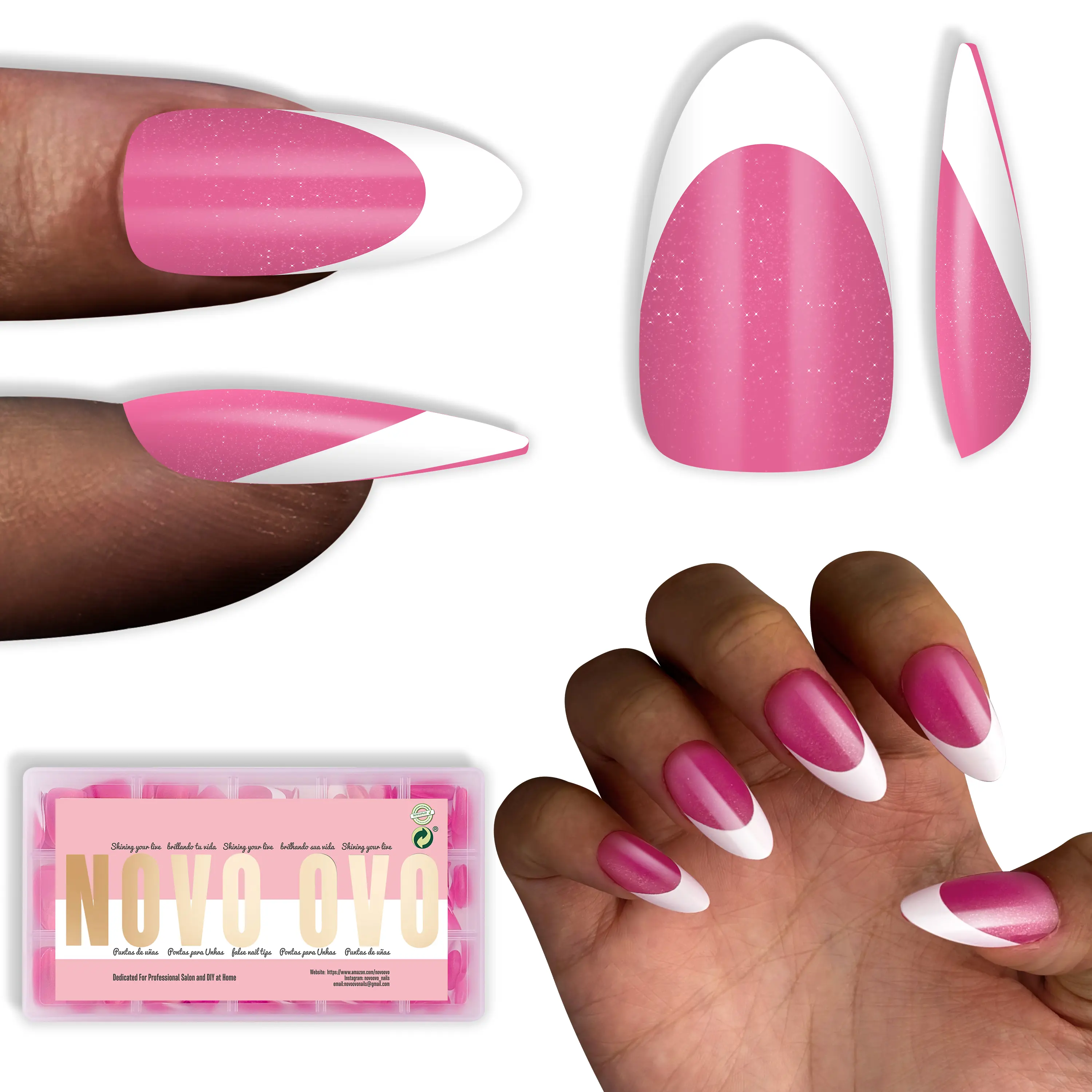 Medium Almond White French Tip ROSE PINK