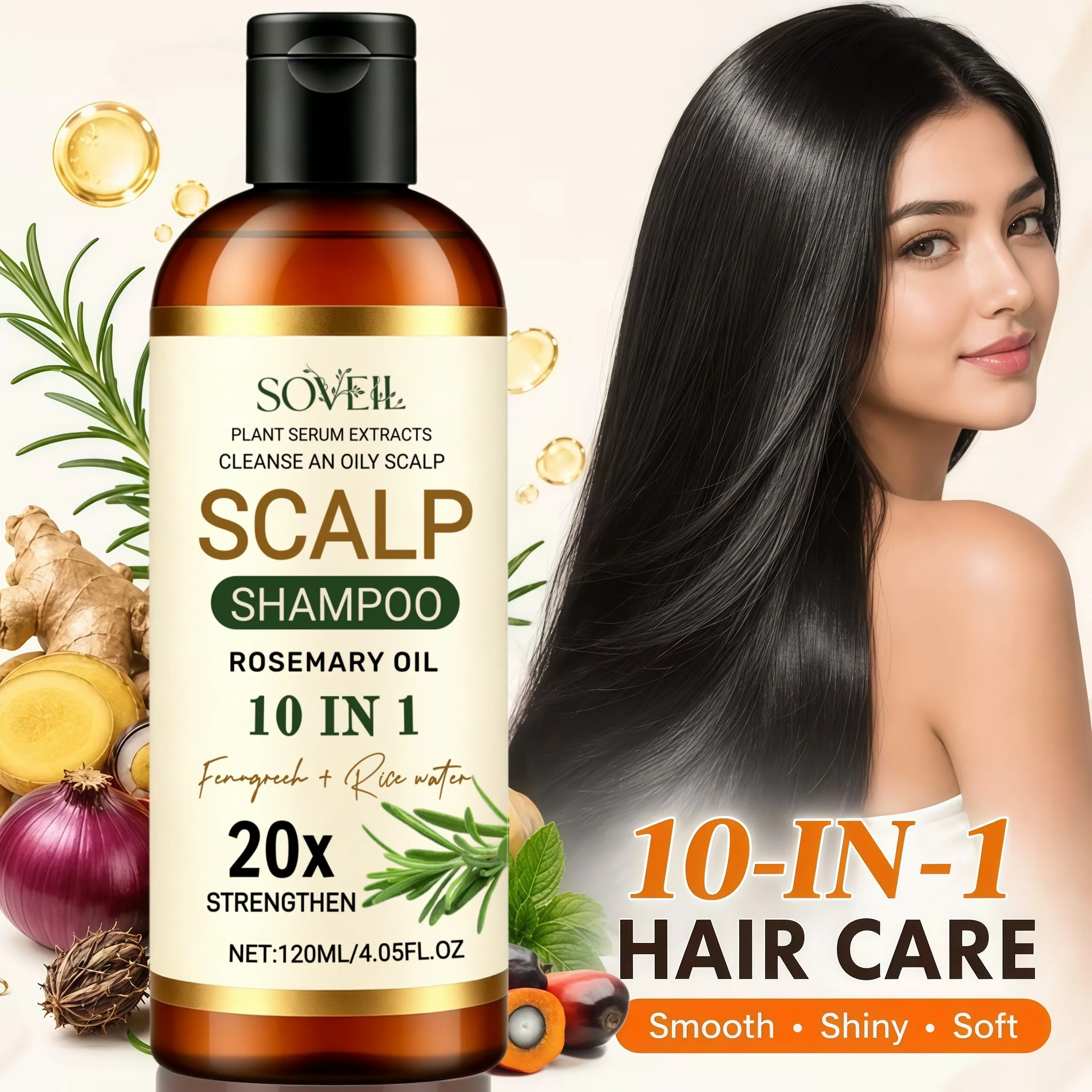 120ML 10-in-1 Rosemary Strengthening Shampoo with Pumpkin Seed Oil, Keratin, Fenugreek - Haircare for Softness, Shine, Split End Repair, Volume Boost, Reducing Aging Signs, Festive Gifts