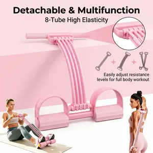 Adjustable Pedal Resistance Band, 8 Tube Multifunction Tension Rope,Fitness Resistance Bands with Pedal Ankle Puller, Full Body Strength Training Equipment for Home Gym, Sit Up Assist,Arms, Legs, Waist