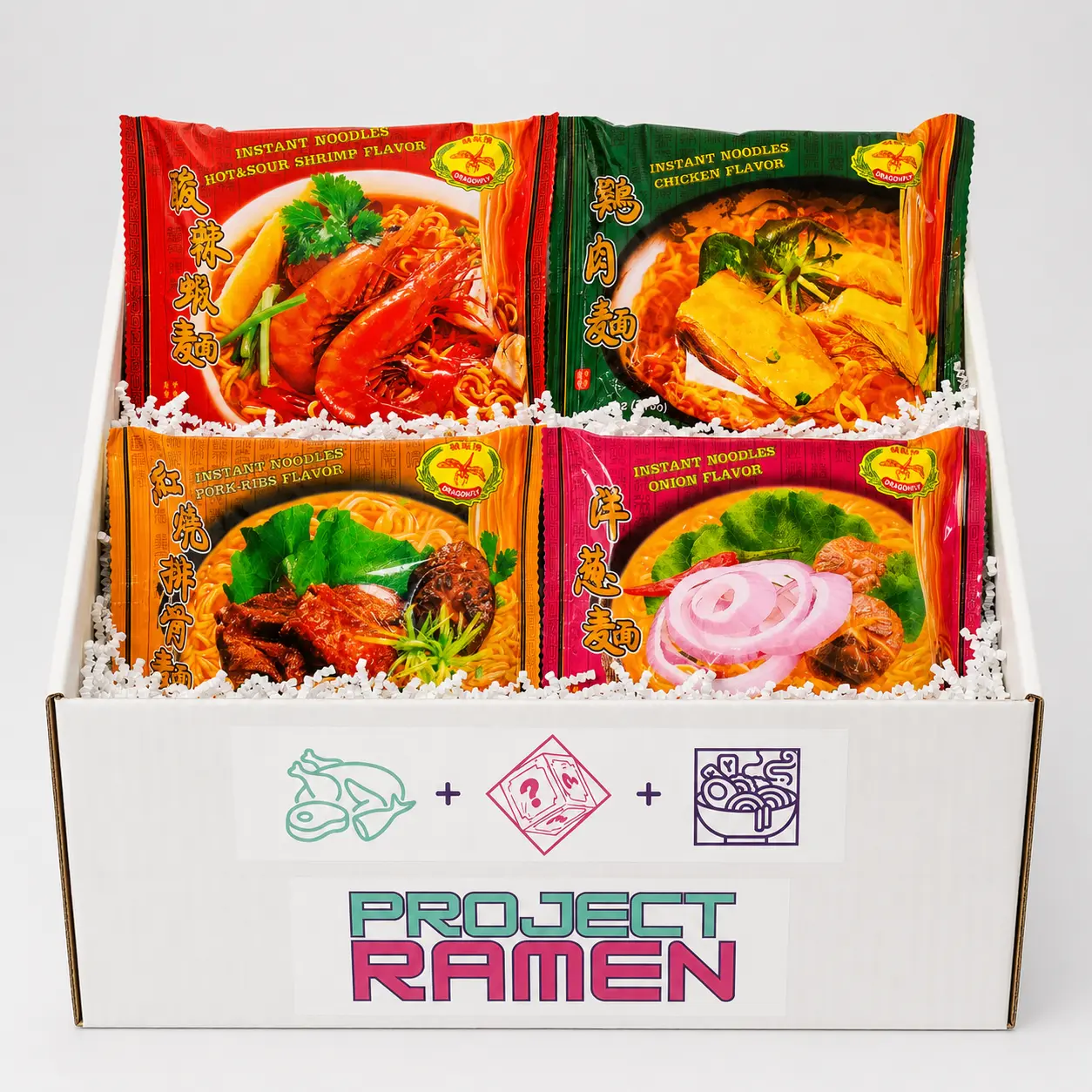 Dragonfly Instant Noodle Variety Bundle Box | Hot & Sour Shrimp, Chicken, Pork Ribs & Onion Flavors