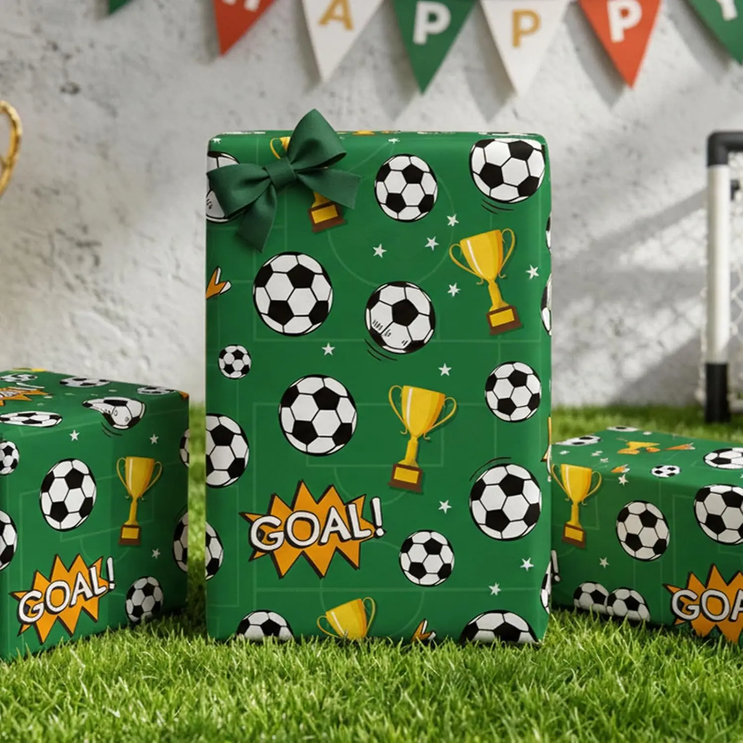 Socer Wrapping Paper roll - A Sports Football Style with Star and Trophy Patterns, Perfect for Birthdays,Team Parties | Gift Wrapping Paper